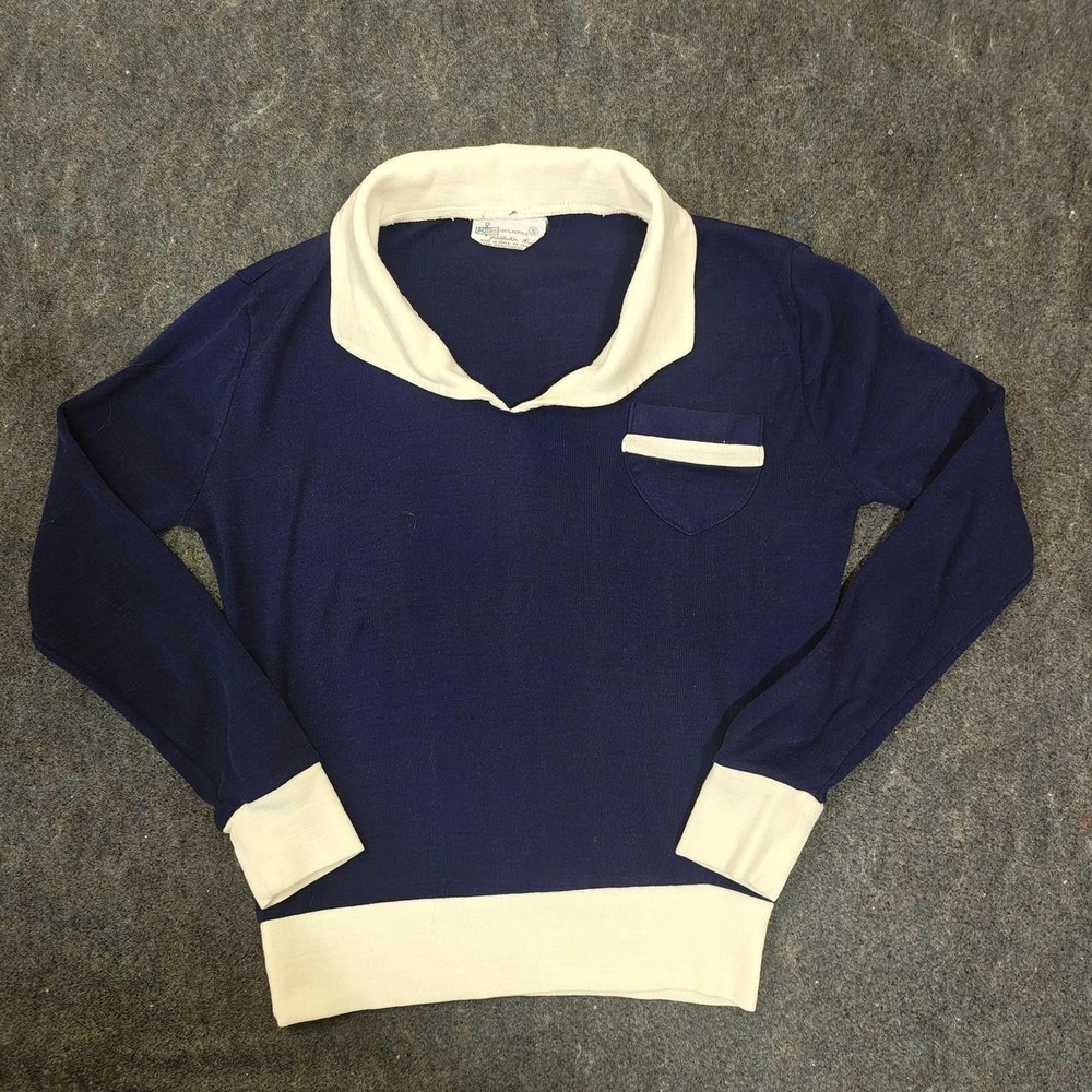 1970s True Vintage Kmart Acrylic Mod Tennis Polo Sweater Blue White Small